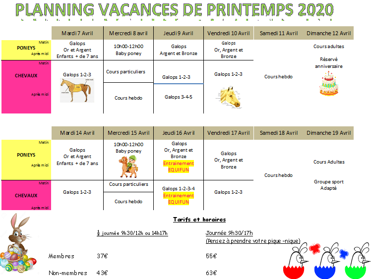 planning des vacances de printemps 2020