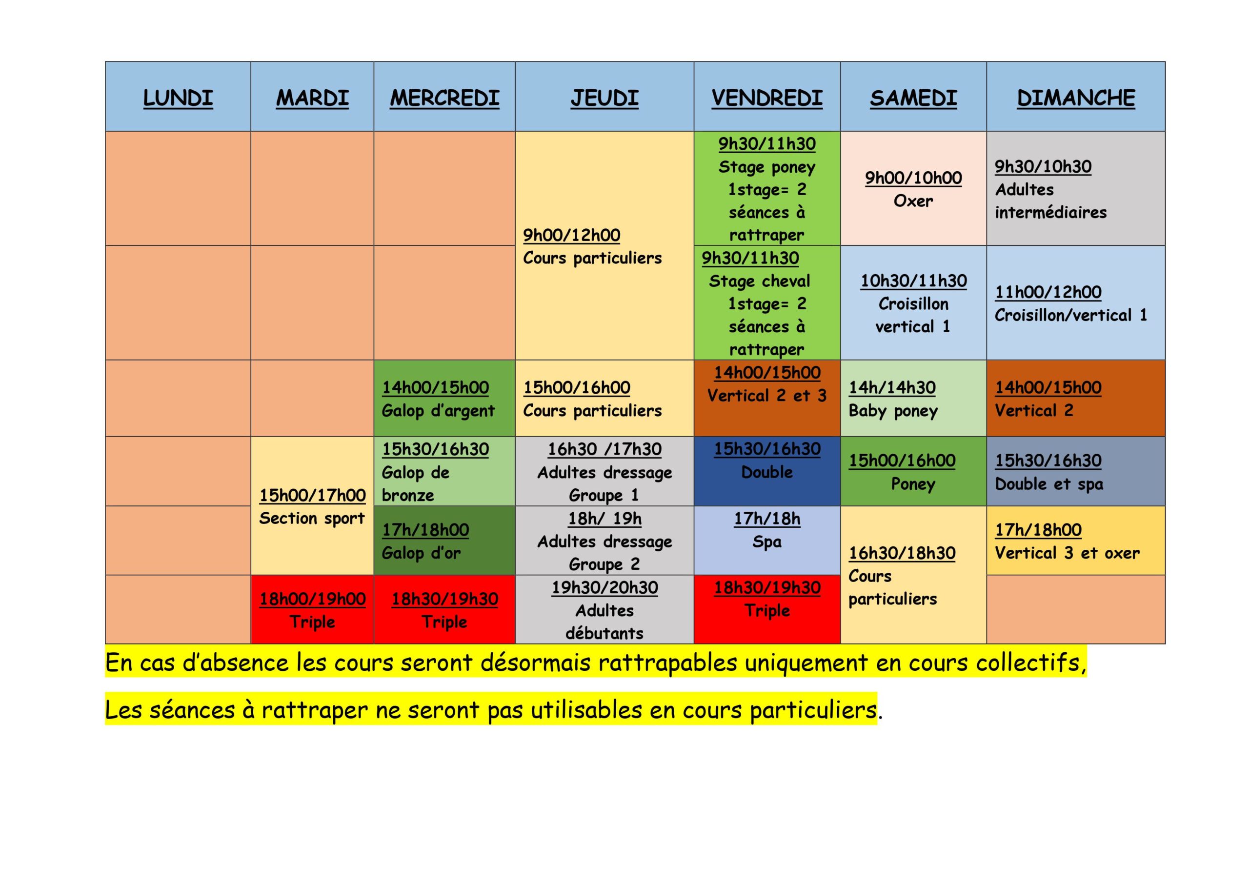 Planning Des Cours - Ecuries Sainte Anne