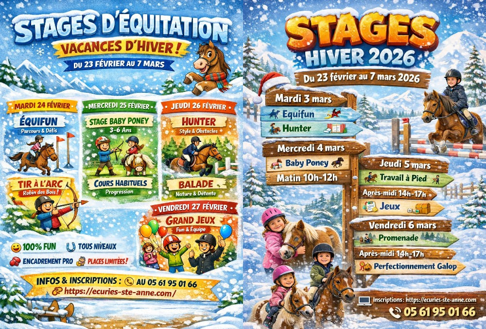Stages d'équitation vacances hiver du 24 février au 7 mars 2026 écuries Sainte-Anne