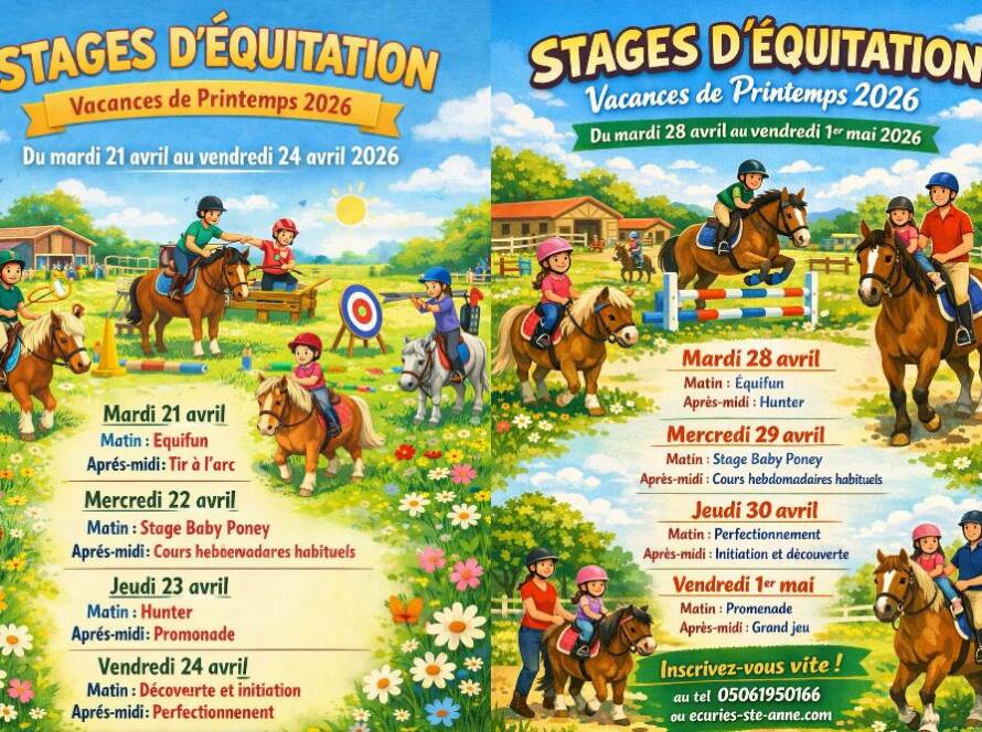 Stages d'équitation vacances printemps du 21 au 1er mai 2026