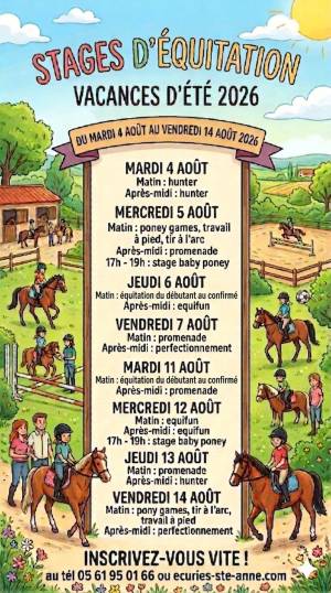 écuries Sainte-Anne stages d'équitation vacances été du 4 au 14 août 2026