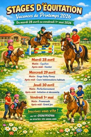 Stages d'équitation vacances printemps du 28 au 1er mail 2026 écuries Sainte-Anne