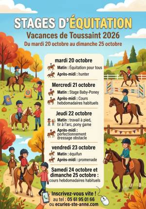 Stages d'équitation vacances de toussaint du 20 au 23 octobre 2026