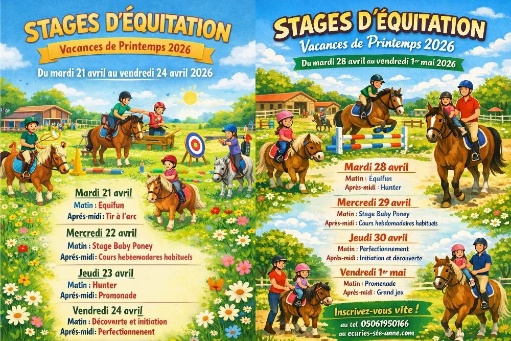 Stages d'équitation vacances printemps du 21 au 1er mai 2026